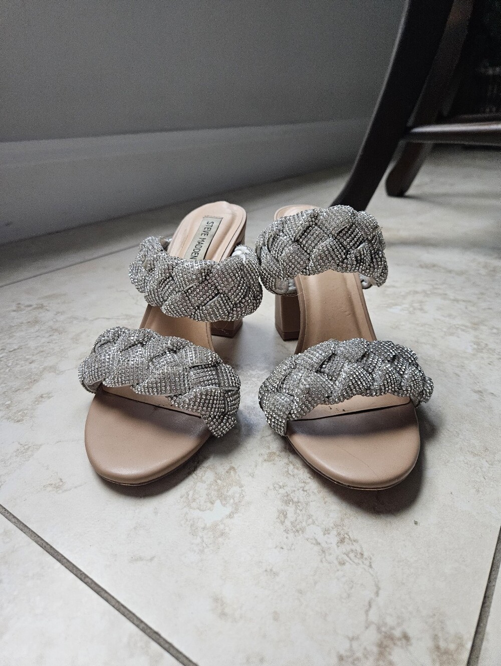 Steve Madden Silver Beaded Braided Block Heel Sandals